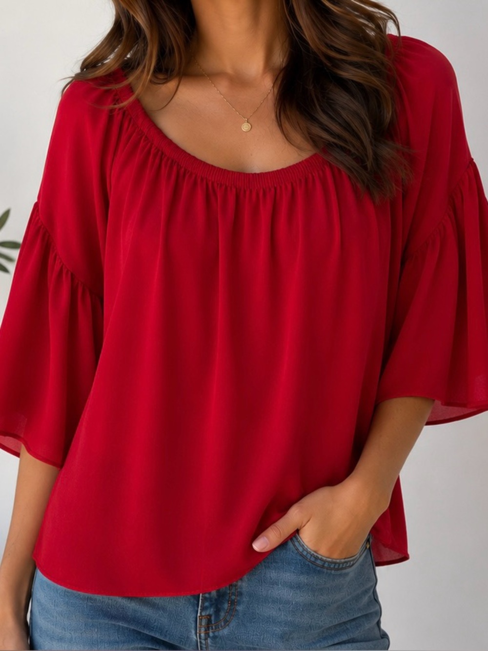 Fab’rik Off the Shoulder Bell Sleeve Peasant Blouse in Red Women’s Size S